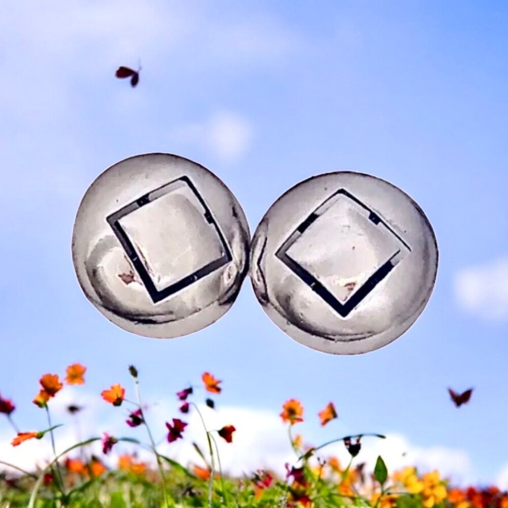 Vintage TRIFARI Clip Earrings Signed Silvertone Modernist Round Dome Cutout